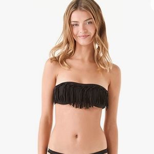 NWOT L*space Women's Knotted Fringe Bandeau Black Bikini Top size xs